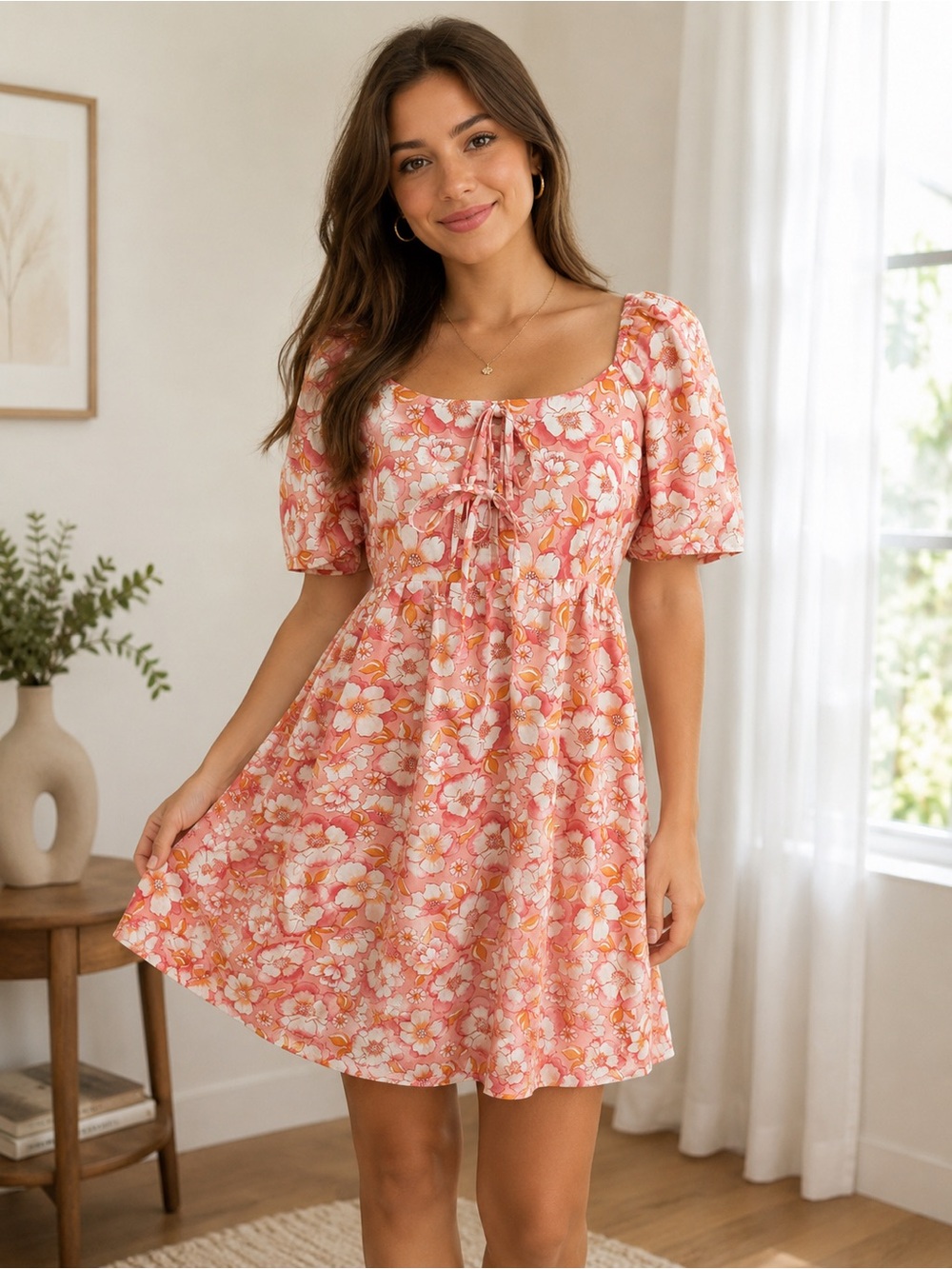Copper Key Coral Pink Floral Square-Neck Mini Dress